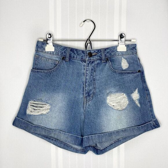Forever 21 Distressed Cuffed Jean Shorts Size 27 Denim 100% Cotton Ripped Blue - Picture 1 of 12